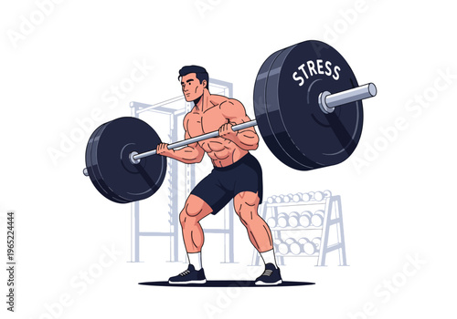 Modern illustration of man lifting heavy weight labeled stress, representing emotional burden, mental pressure, resilience, and strength in overcoming challenges