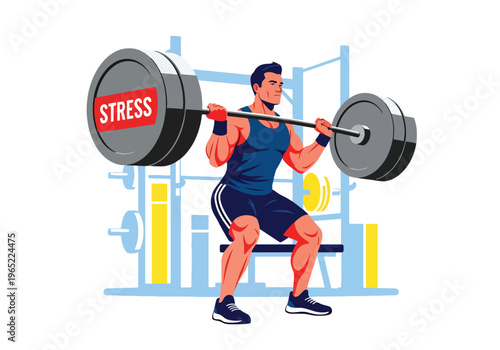 Modern illustration of man lifting heavy weight labeled stress, representing emotional burden, mental pressure, resilience, and strength in overcoming challenges
