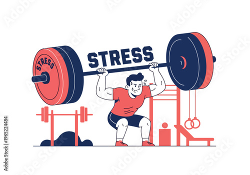 Modern illustration of man lifting heavy weight labeled stress, representing emotional burden, mental pressure, resilience, and strength in overcoming challenges