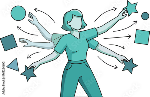 A woman juggles multiple tasks with various shapes floating around her body.