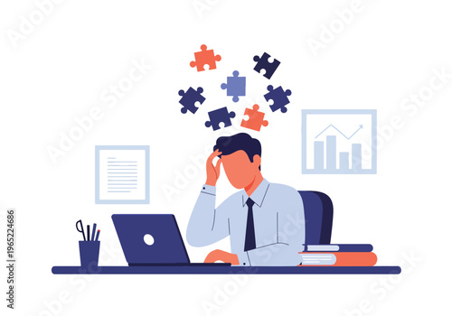 Modern illustration of man with puzzle pieces around head, symbolizing mental clarity, problem solving, confusion, and cognitive health awareness