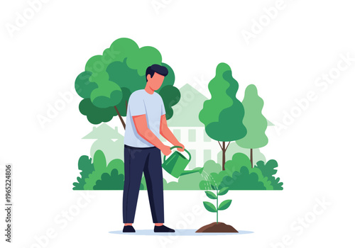 Modern illustration of man watering plant, representing personal growth, emotional healing, self-care, and mental health development over time