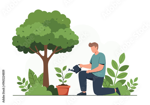 Modern illustration of man watering plant, representing personal growth, emotional healing, self-care, and mental health development over time