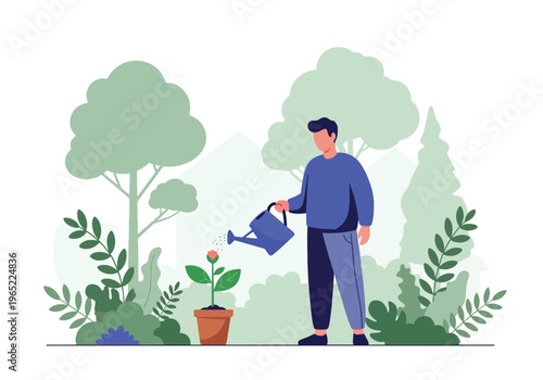 Modern illustration of man watering plant, representing personal growth, emotional healing, self-care, and mental health development over time