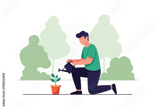 Modern illustration of man watering plant, representing personal growth, emotional healing, self-care, and mental health development over time