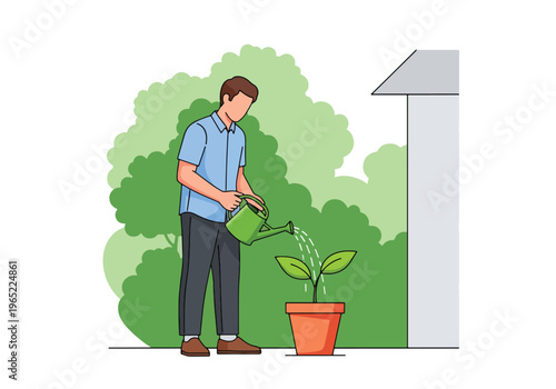 Modern illustration of man watering plant, representing personal growth, emotional healing, self-care, and mental health development over time