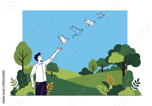 Modern illustration of man releasing paper birds into sky, symbolizing freedom, letting go of negativity, emotional healing, and mental health recovery