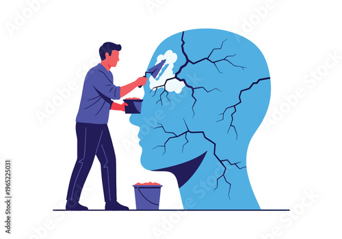 Modern illustration of man repairing cracks in head silhouette, symbolizing mental healing, recovery, therapy, and emotional rebuilding process