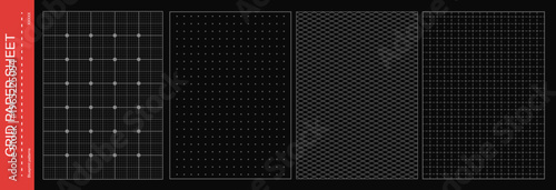 Black grid paper sheet set. Blueprint patterns with dots and lines.