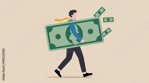 Financial Burden: A person carries a large banknote, illustrating the weight and responsibility of financial obligations. A visual metaphor for debt, investment or economic pressures.