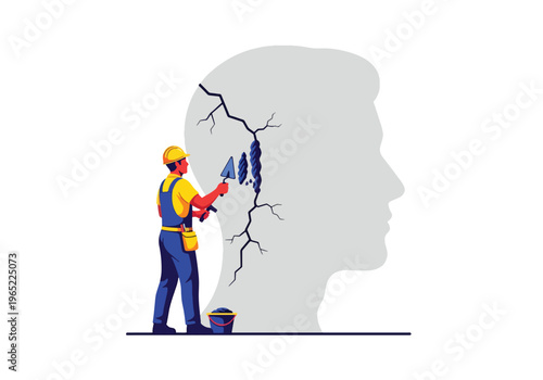 Modern illustration of man repairing cracks in head silhouette, symbolizing mental healing, recovery, therapy, and emotional rebuilding process