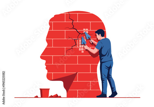 Modern illustration of man repairing cracks in head silhouette, symbolizing mental healing, recovery, therapy, and emotional rebuilding process