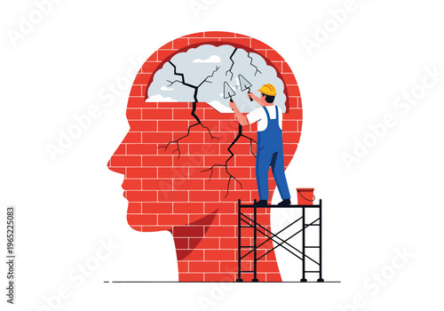 Modern illustration of man repairing cracks in head silhouette, symbolizing mental healing, recovery, therapy, and emotional rebuilding process