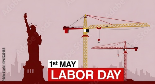 Labor day celebration with statue of liberty and construction cranes on may 1st