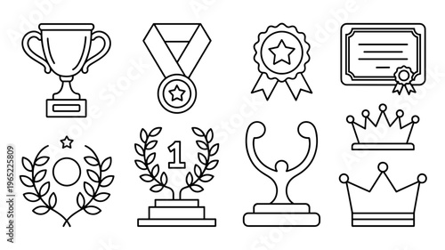 Minimal Award Line Icon Set Trophy, Medal and Winner Achievement Symbols