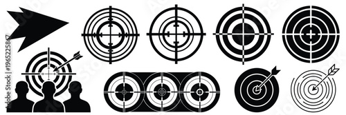 Collection of various black and white target icons and silhouettes