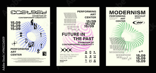 Modernism aesthetics in minimalistic posters. Halftone shapes and Swiss design. Bauhaus, funky geometric shapes y2k in retro futuristic posters. Vector posters minimalist y2k graphic set