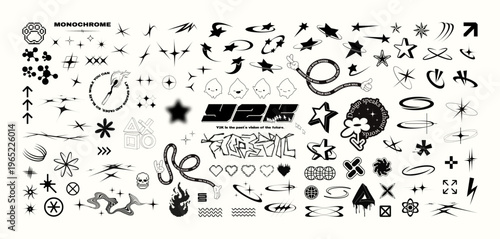 Retrofuturistic Y2K Icons, Stickers, and Decorative Symbols. Y2K-inspired vector elements: stars, arrows, icons, logos, and decals for stickers, clothing prints, digital design. Vector set
