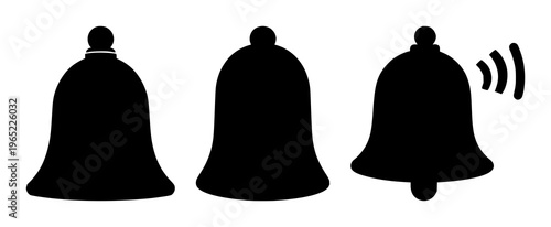 Solid black icon, white background: notification bell icon set with simple line art design featuring simple design, minimalist, black and white with illustrations and graphics