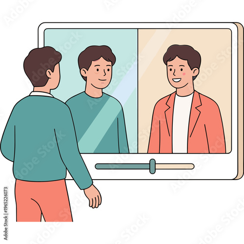 Man looks at happy reflection in screen with color adjustment
