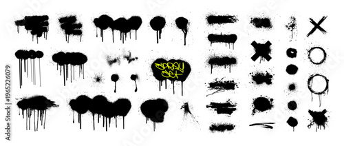 Graffiti template with aerosol spray effect and paint drips. Stencil paint splash, street bombing culture on dirty street wall. Vector graphic set with graffiti templates, paint shapes, spots, drops