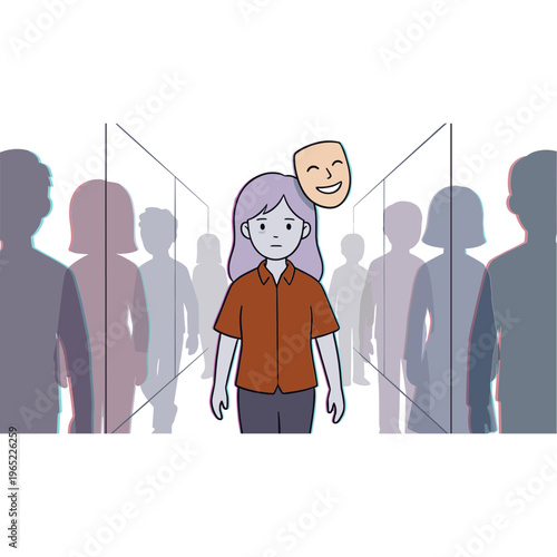 A cartoon woman with purple hair and a smiling face stands out among faceless silhouettes.