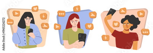 Cartoon woman sharing life moment social networks media flat illustration. Modern happy girl holding smartphone making posts Internet social media Internet concept Women teamwork and online engagement