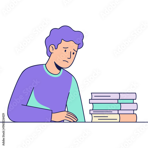 Man sitting at a desk with a stack of books looking stressed