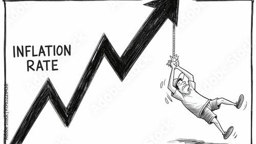 Inflation Rate Climb: A depiction of a person desperately clinging to a rising arrow representing the inflation rate, conveying the struggles of economic challenges.