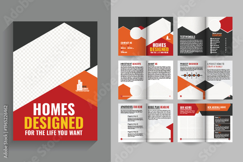 Real estate layout luxury real estate brochure print ready template, red orange color Brochure template with modern architecture