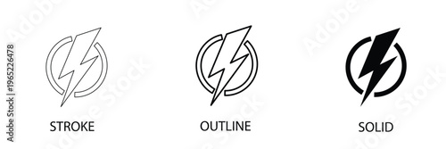Energy lightning bolt icon variations set stroke outline solid power symbol.
