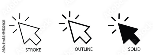Computer mouse cursor clicking arrow icon set in stroke outline and solid black styles.