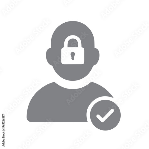 Gray monochrome user profile icon displays a locked padlock situated over the head area and a confirmation checkmark.