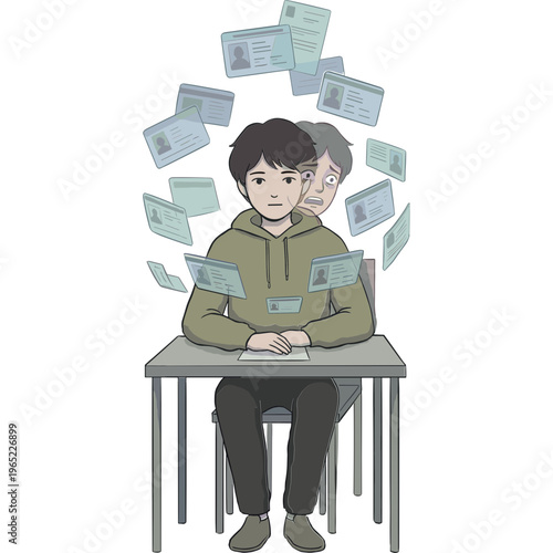 A stressed student sits at desk with money floating around him and another person peeking behind.