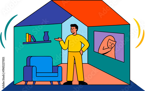 A man stands in a colorful house with a blue chair and points to a painting on the wall.