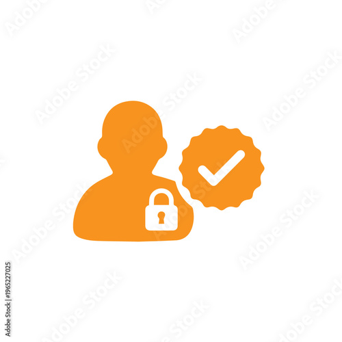 Orange human figure icon displaying a keyhole lock on its torso with a prominent checkmark emblem signifies secure user status.