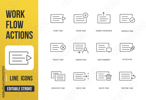 A set of workflow action UI icons for task management, progress control, and user operations in web and app interfaces, created in line style with editable stroke
