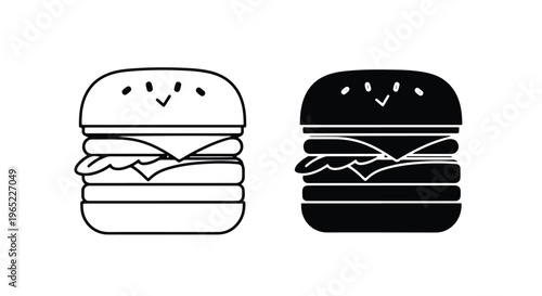 Cute smiling burger fast food vector icon - Minimalist, flat icon, outline, glyph, linear, clipart, sticker - icon set