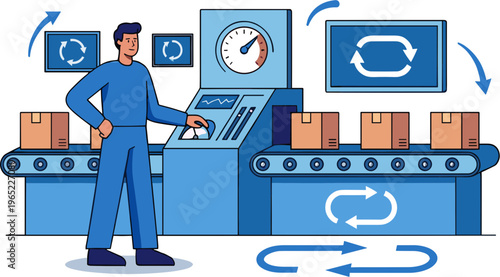 A worker operates a recycling facility's control panel with conveyor belts and boxes.