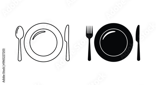 Dinner plate with cutlery vector icon set - Minimalist, flat icon, outline, glyph, linear, clipart, sticker - icon set