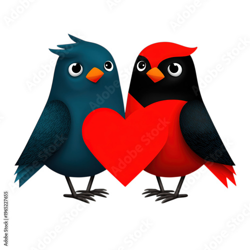 Two cartoon birds holding a heart on a black background