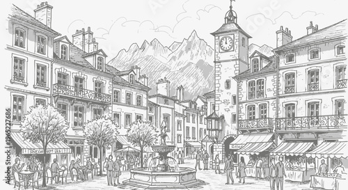 Detailed Pen and Ink Drawing of European Town Square Scene