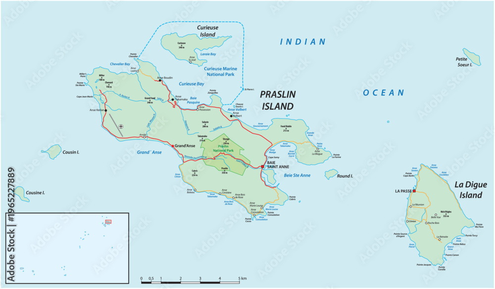Fototapeta premium Road map of the Sechelles islands of Praslin and La Digue