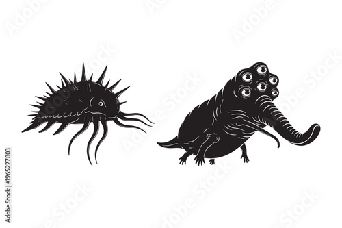 Black silhouettes of a spiky alien and multi-eyed creature with sci fi