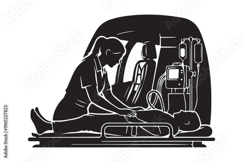 Paramedic tending patient on stretcher inside ambulance with black and white