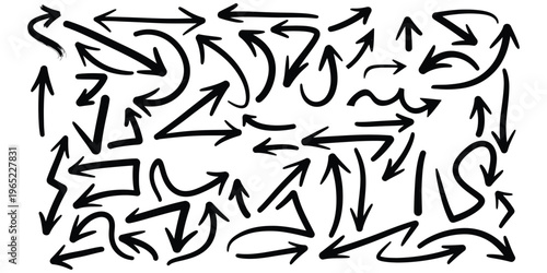 A chaotic arrangement of black arrows on a white background