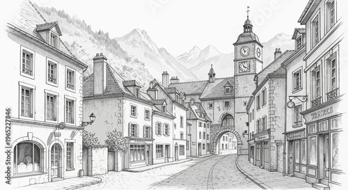 Detailed Black and White Sketch of European Town Street Scene