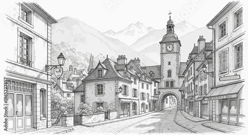 Charming European Town Street Scene with Clock Tower and Buildings