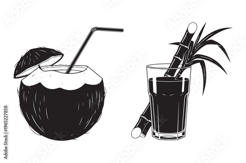 Coconut drink and sugarcane juice in glasses