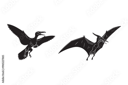 Two pterodactyls flying silhouette